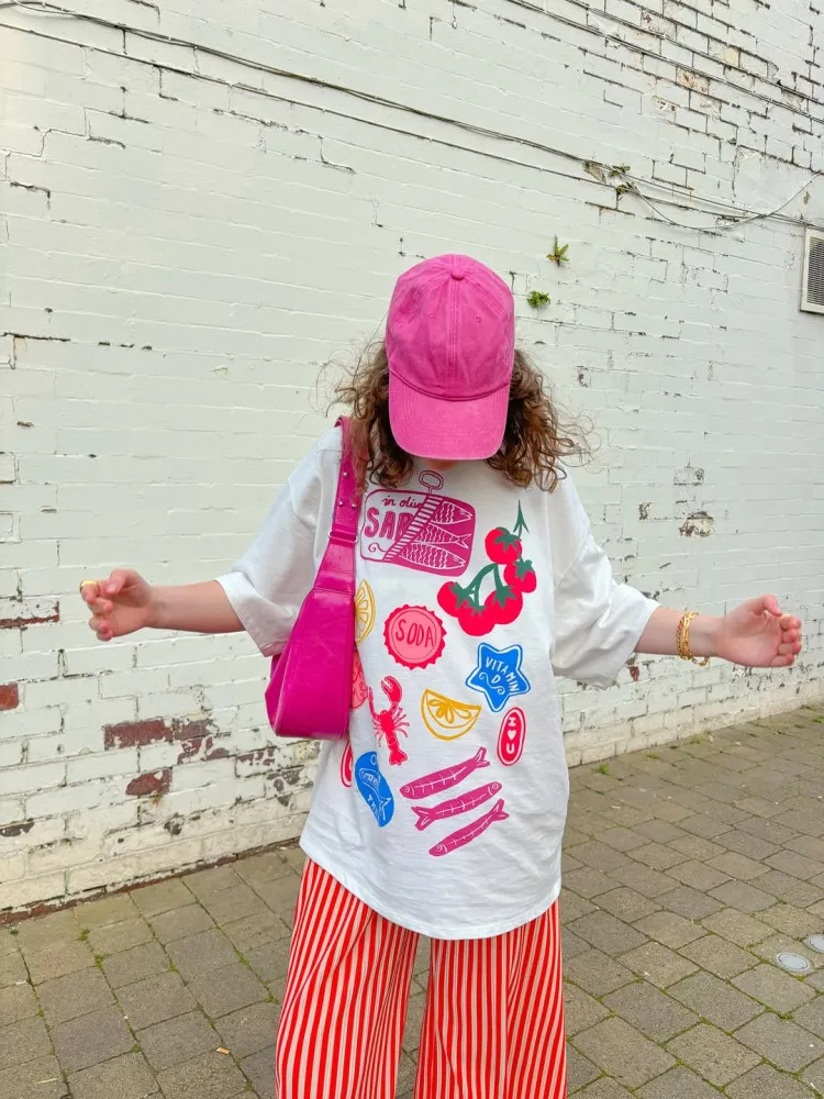 JHYF American Retro Summer Hand-drawn Graffiti Seafood Fruit Spicy Girl Short-sleeved T-shirt Women's Street Style Oversize C...