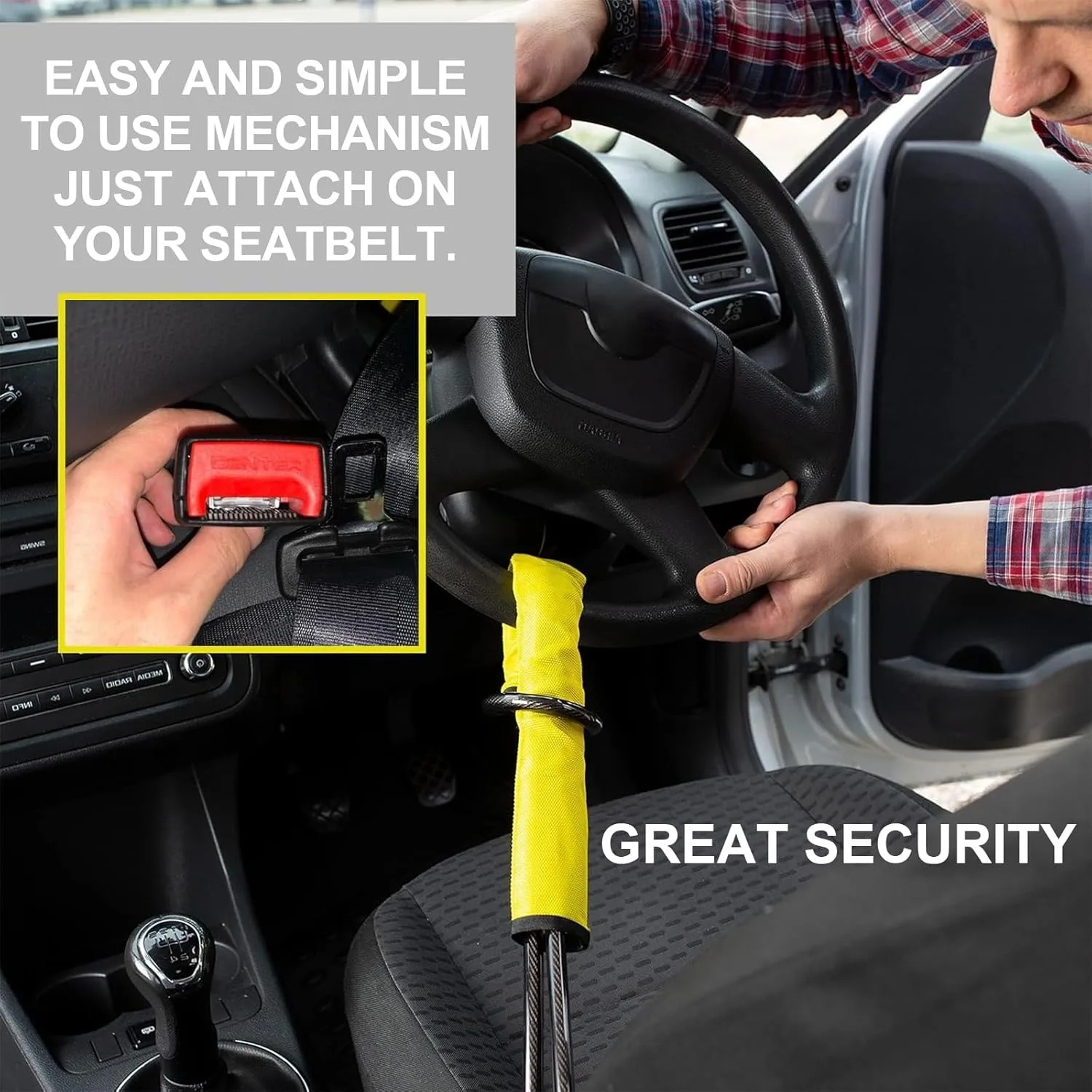 Close-up of steering wheel lock locking mechanism and seat belt buckle clip