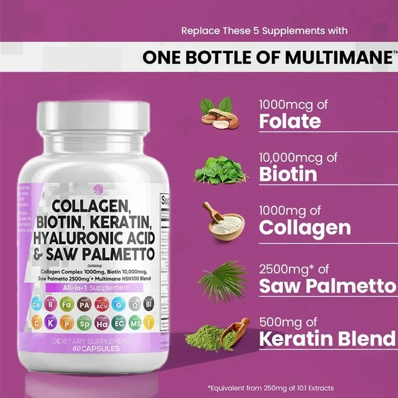 60 Pills Collagen Supplement with Biotin Keratin Saw Palmetto Hyaluronic Acid Vitamin E And Folate for Hair Skin Nails Health