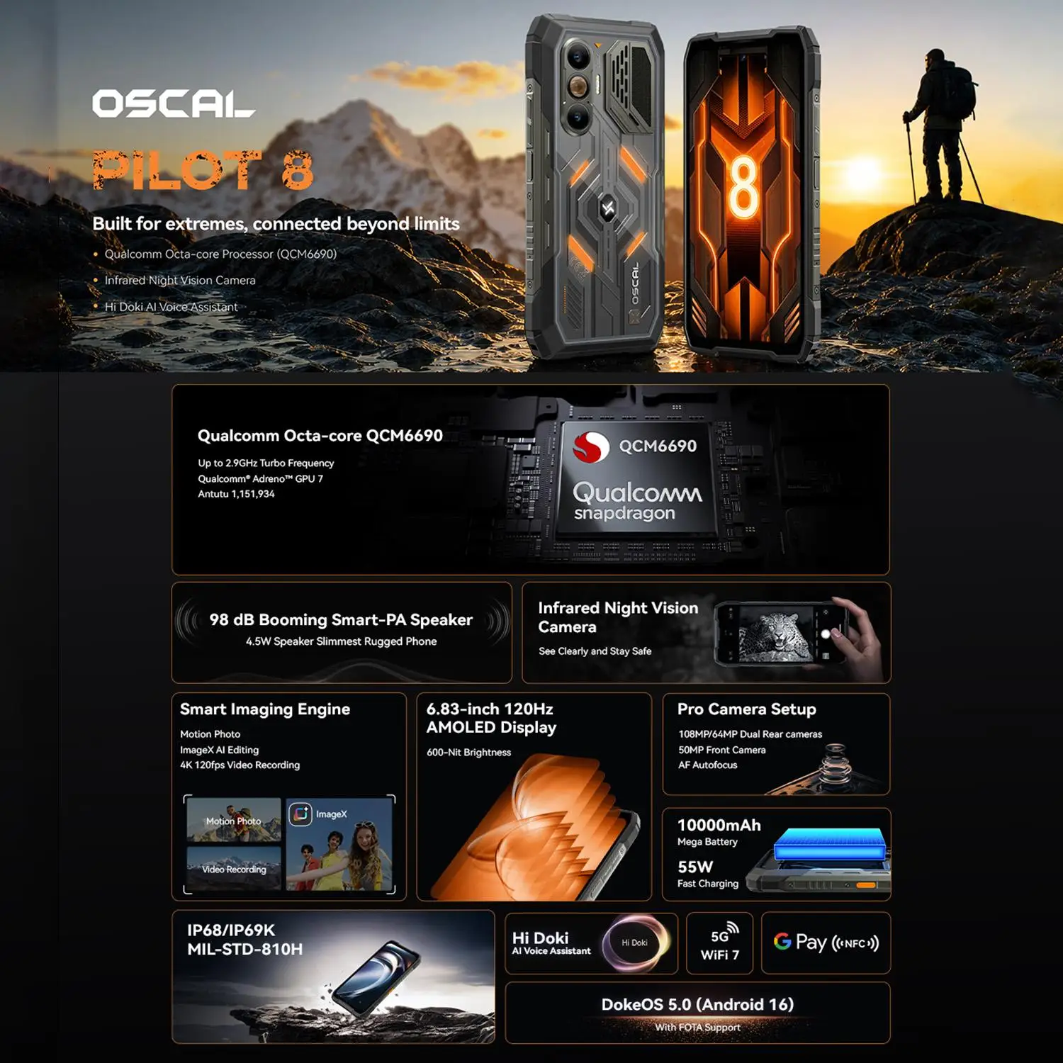 Blackview Oscal Pilot 8 Rugged Smartphone 5G 6.83'' 120Hz 12GB 256GB 108MP 10000mAh NFC Android 16