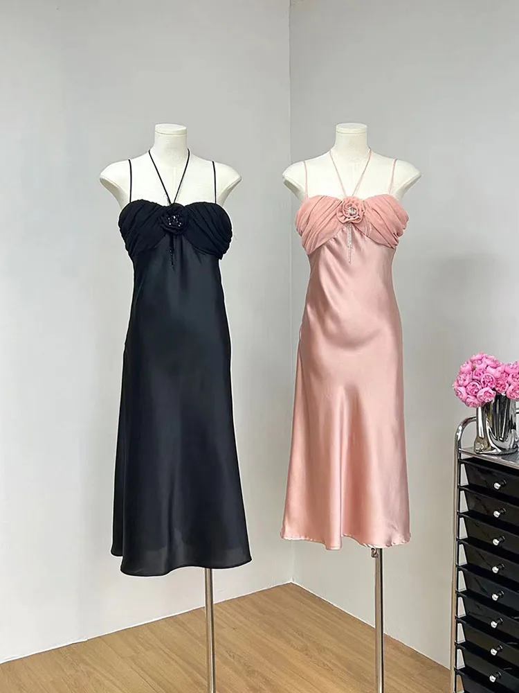 High Quality Solid Satin Dress Fashion Off Shoulder Spaghetti Strap Dress Sexy Luxury Sundress Formal Occasion 2000s Aesthetic