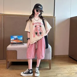 Ropa de verano para niña adolescente, camisetas de oso de dibujos animados, traje de pantalones cortos, camiseta de manga corta con letras, conjunto de 2 piezas