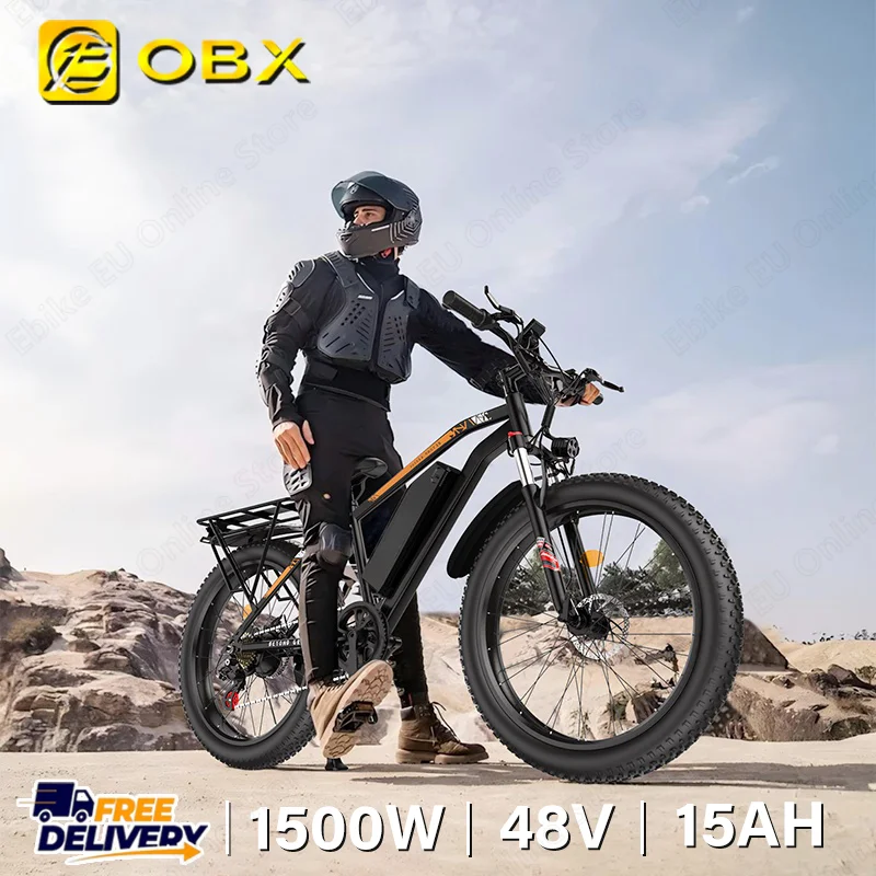 

OBX Q26 Электрический велосипед 1500 Вт Двигатель 48V15AH Литиевая батарея E Bike Двойные амортизаторы 26-дюймовые толстые шины Электрический велосипед для взрослых