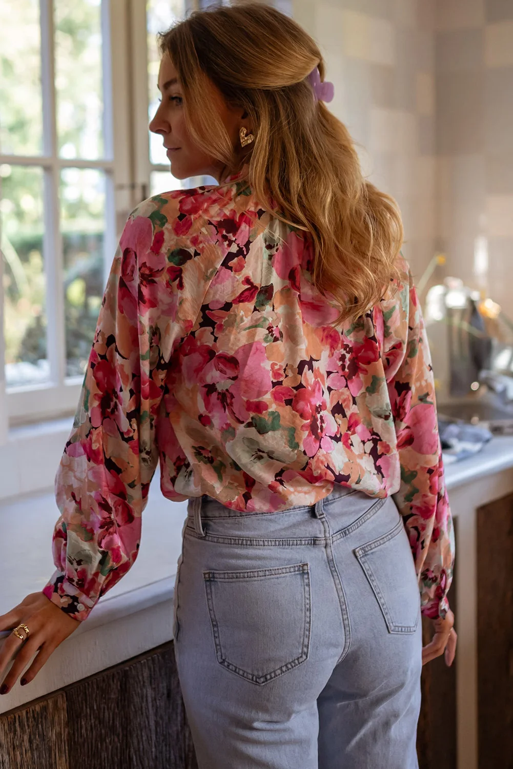 GypsyLady Boho Floral Chic Blouse Shirt Flower Pink Lace Elegant Spring Women Blouse Ruffles Long Lantern Sleeve Ladies Tops