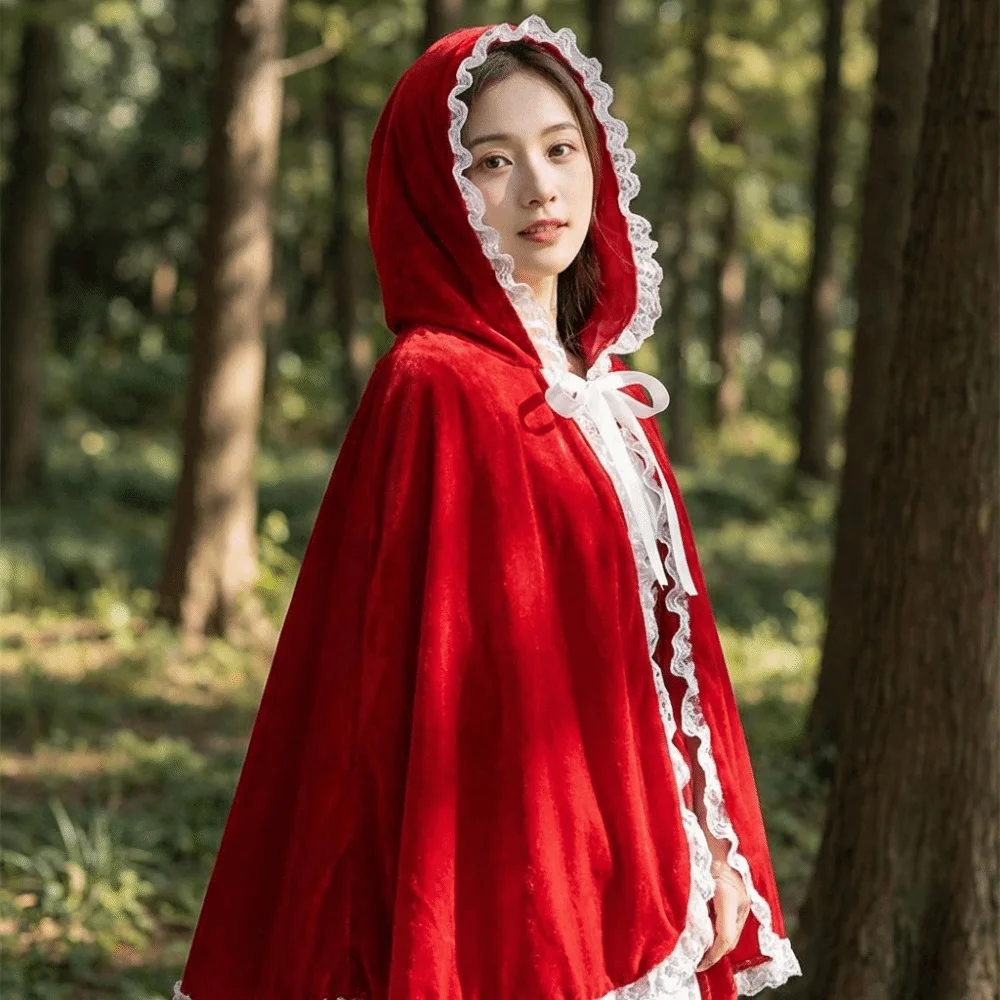 

Festival Fairy Tale Red Hooded Cloak Polyester Velvet Lace Trim Cloak 80/130cm Role Play Cosplay Costume Cape Halloween