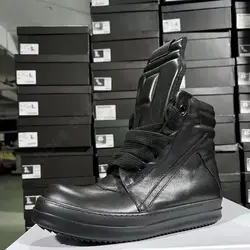 RO Brand Men Shoe Ricks Women Sneaker Black Ankle Boot High Top Shoes Thick Sole Leather Sneakers Jumbo Laces ZIP Casual Shoes