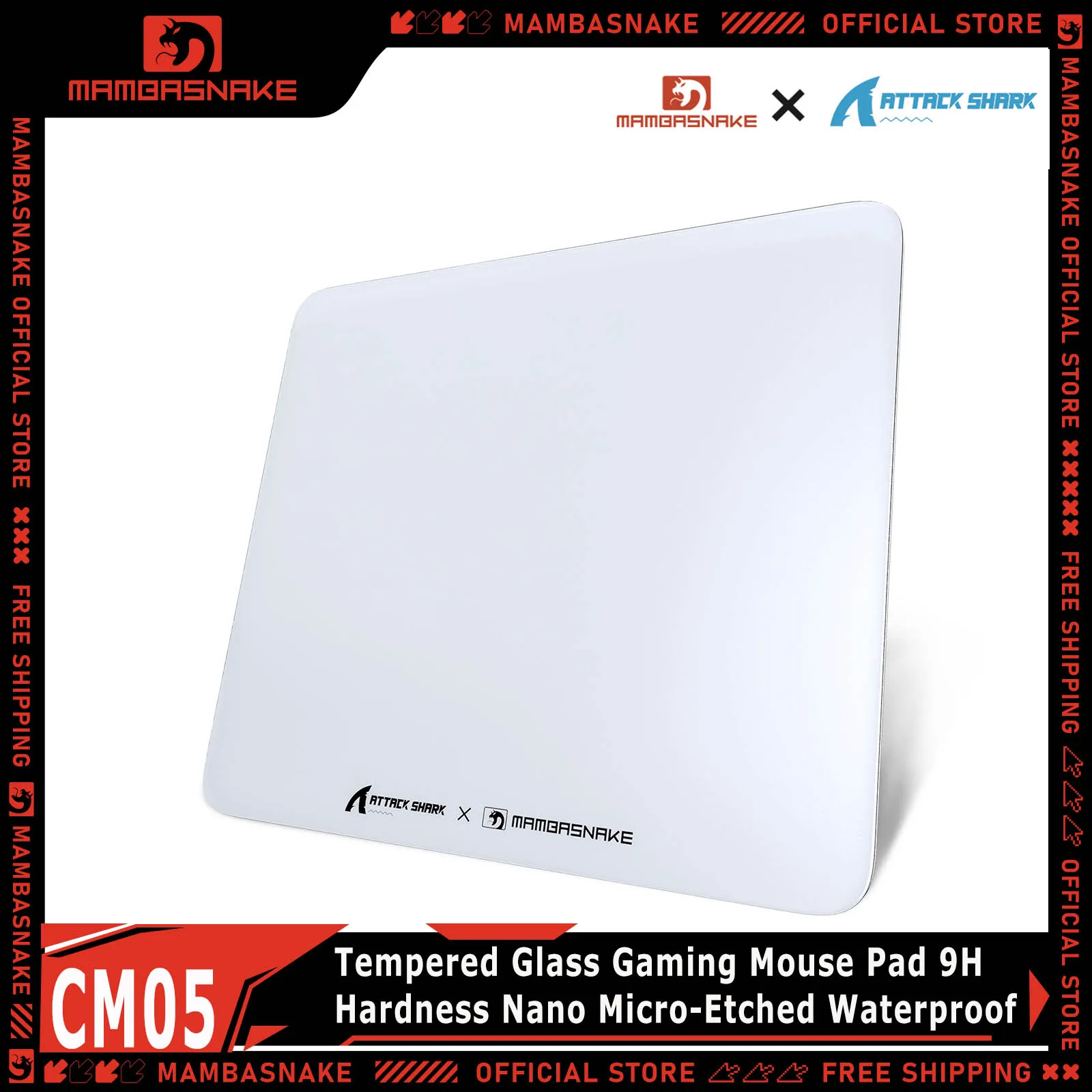 MAMBASNAKE X ATTACK SHARK CM05 Tempered Glass Gaming Mouse Pad 9H Hardness Nano Micro-Etched Waterproof Non-Slip for PC Gamers