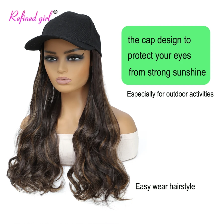 Long Wave Wig Baseball Cap with Synthetic Wave Hair Extensions Wig Hat for Women Mix Brown Black Red Color Adjustable Hat Wig image 3