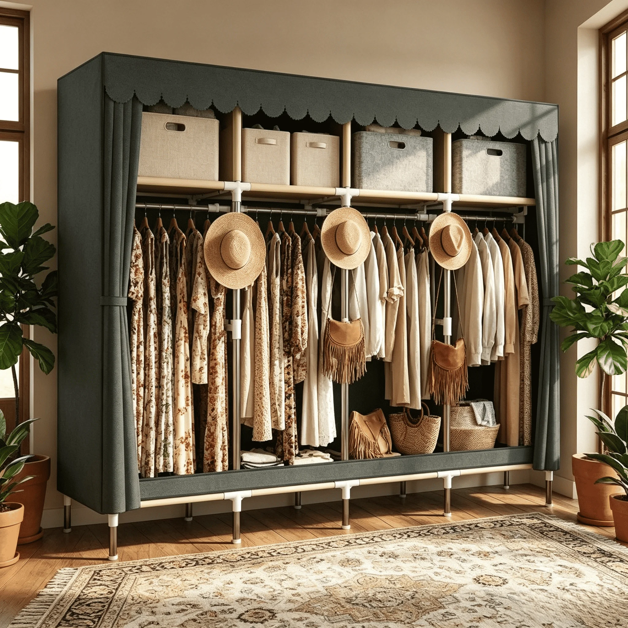 Large Capacity Dustproof Fabric Wardrobe Freestanding Clothes Closet with Top Storage Shelf Hanging Rod Heavy Duty Steel Frame Clothing Organizer for Bedroom Dorm Rental Apartment
