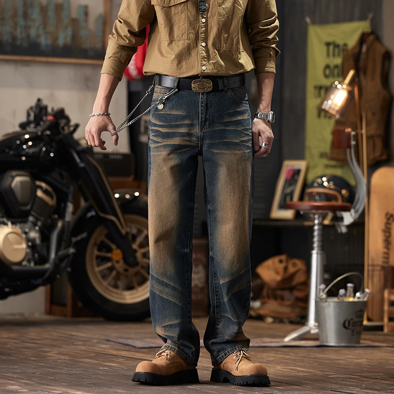 Retro Do the Old Cowboy Pants Męskie luźne proste Street Tide Brand Pu Handsome Natural Drape Mop Casual Modne spodnie