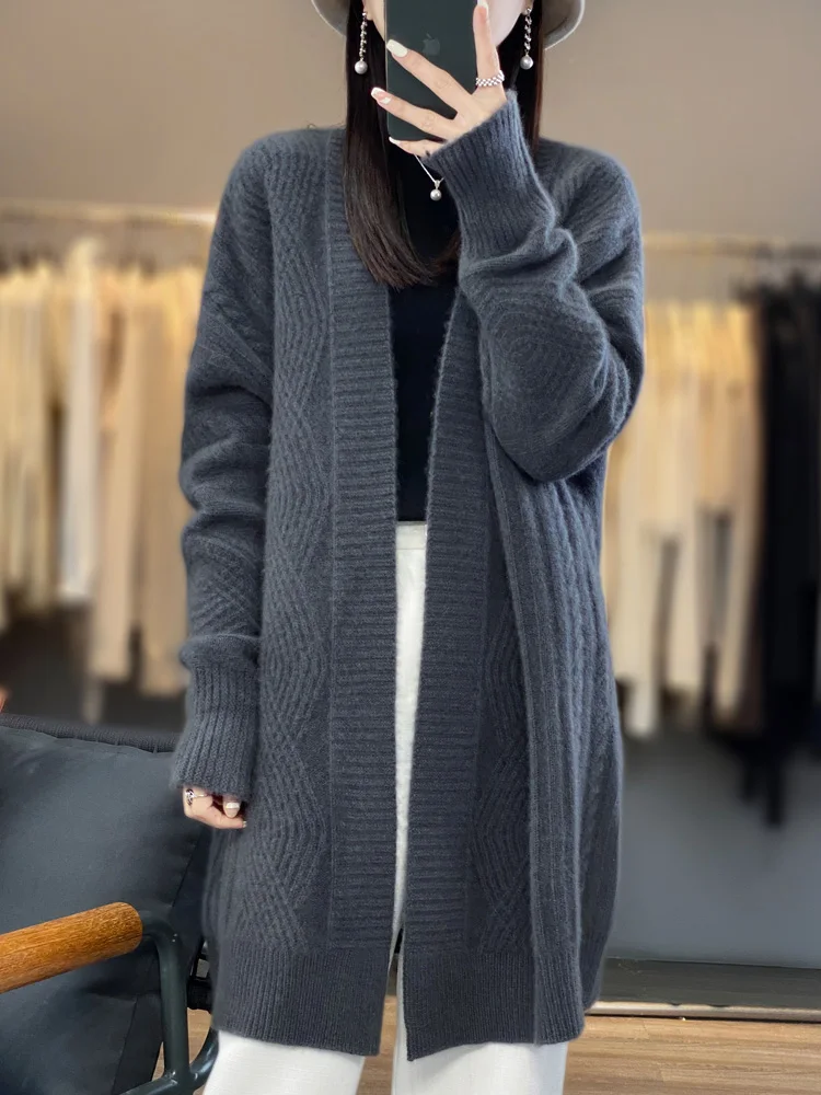 Autumn Winter Women’s Sweater Cardigans Twist Flower Cashmere Overcoat Thick Loose Long Sleeve 100% Merino Wool Knitwear Clothes