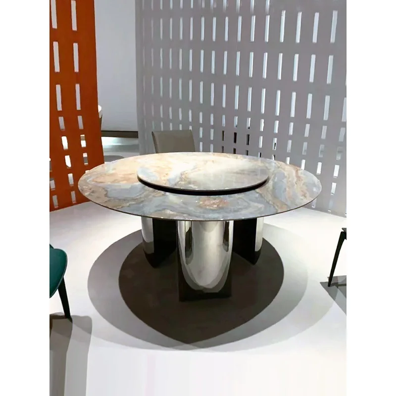 Natural marble blue golden sand round dining table luxury stone dining table
