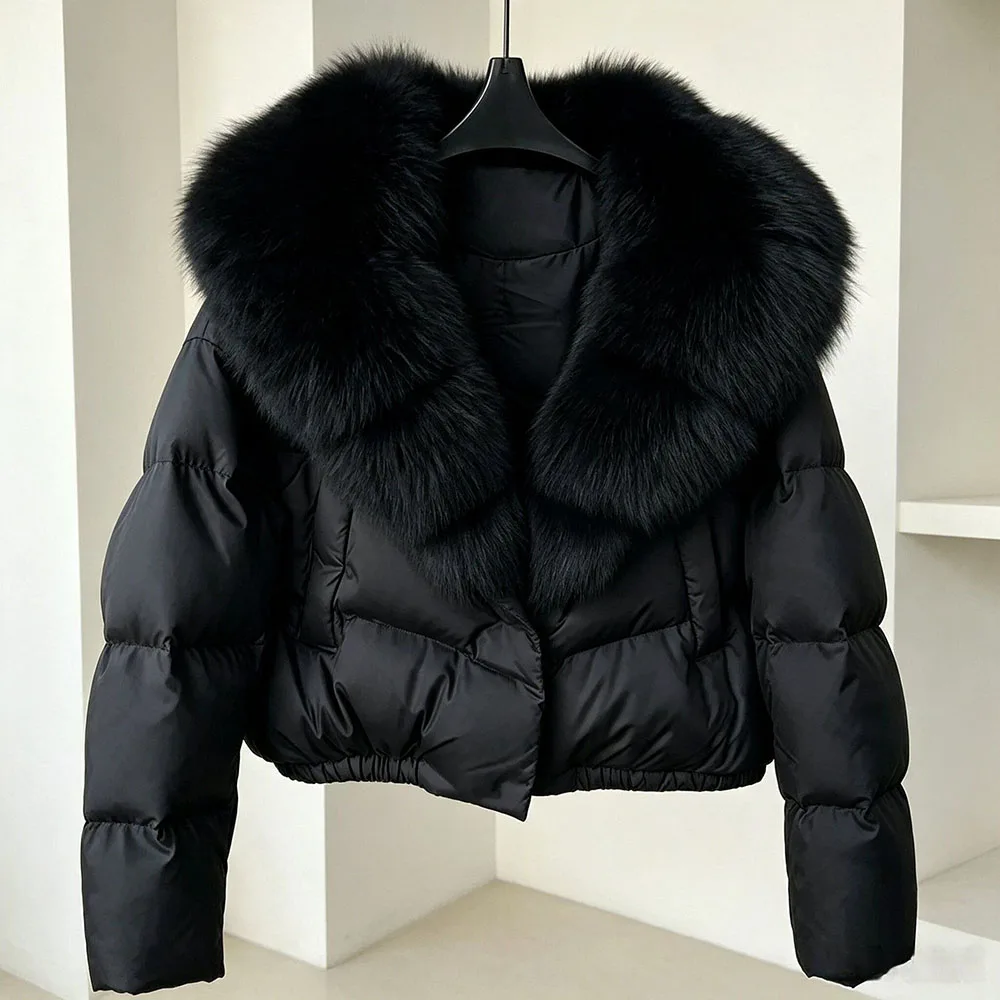 2026 New Women Short Cotton Coat Fashion Temperament Commuter Big Fur Collar Winter Jacket Simple Vintage Casual Warm Outerwear