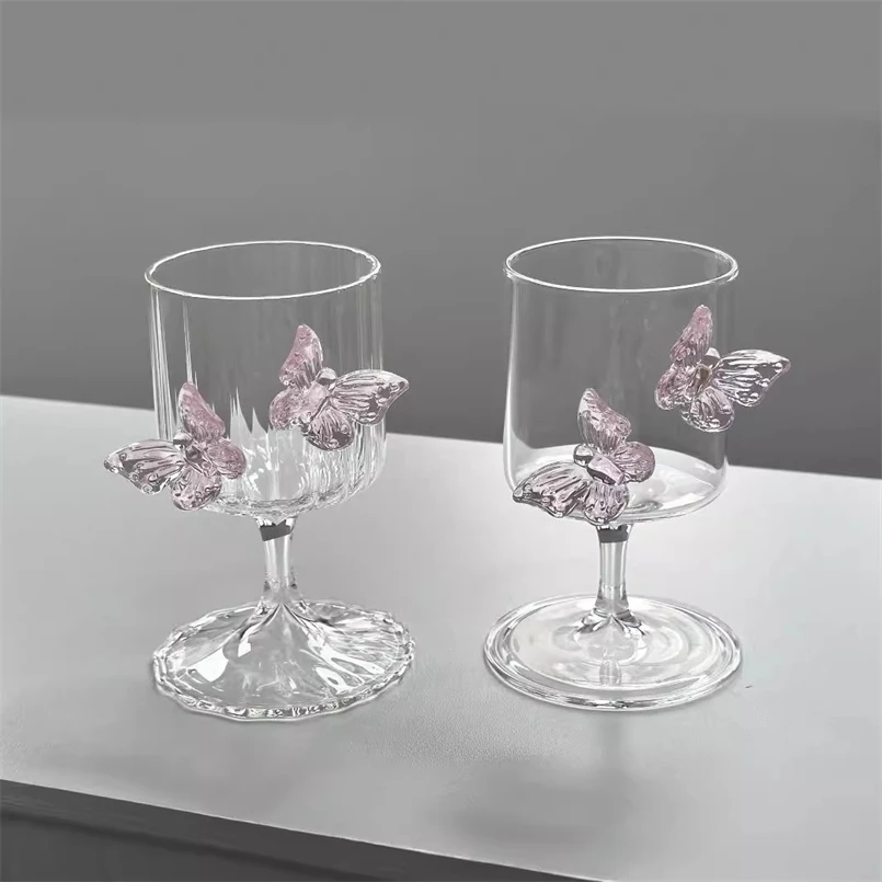 Color Sugar Bean Champagne Cocktail Cup Simple Round Glass Cup Creative Handmade Three-dimensional Butterfly Decoration Goblet