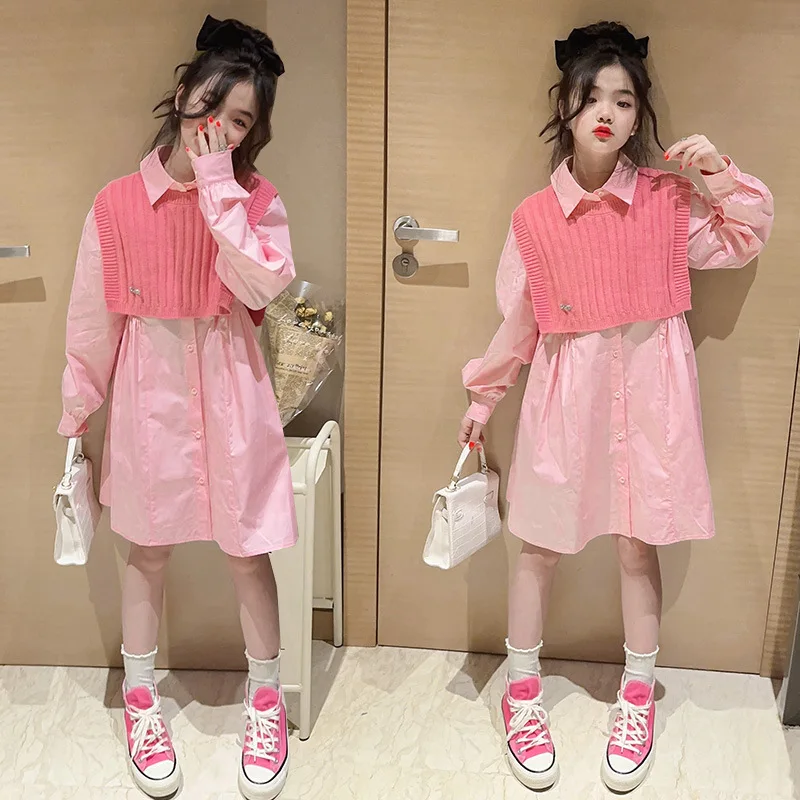 Girls' Spring Shirt Dress New Western Korean Style Fashion Flip Collar Woolen Shawl Decoration Children's Autumn Princess Dress