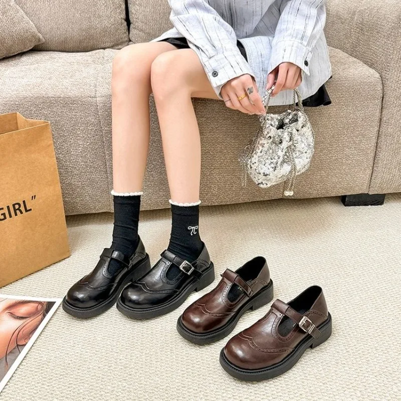 Bla Soft Cowhide Mary Jane Women's oes High Heels Thi Heel Retro Sle round Toe Anti-Slip Rubber Sole Faion Single S...