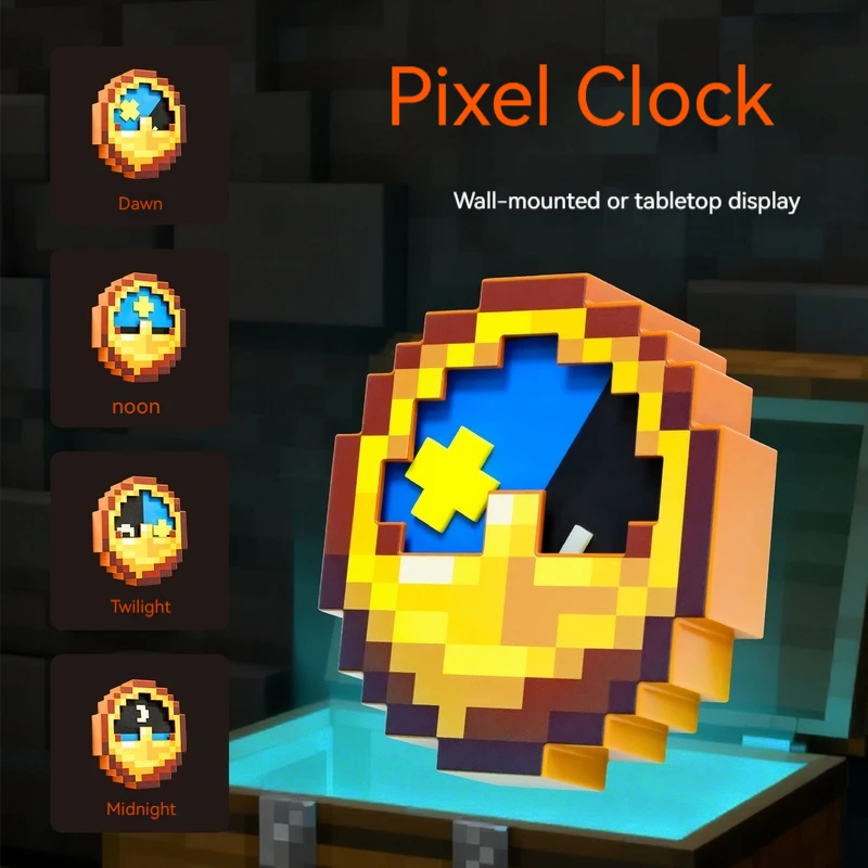 Horloge Mosaïque 24/12 Heures de Haute Qualité Style Pixel Mc Annoying Villagers Game Clock Sun - Moon, Horloge Murale et de Bureau Orientable, Décoration