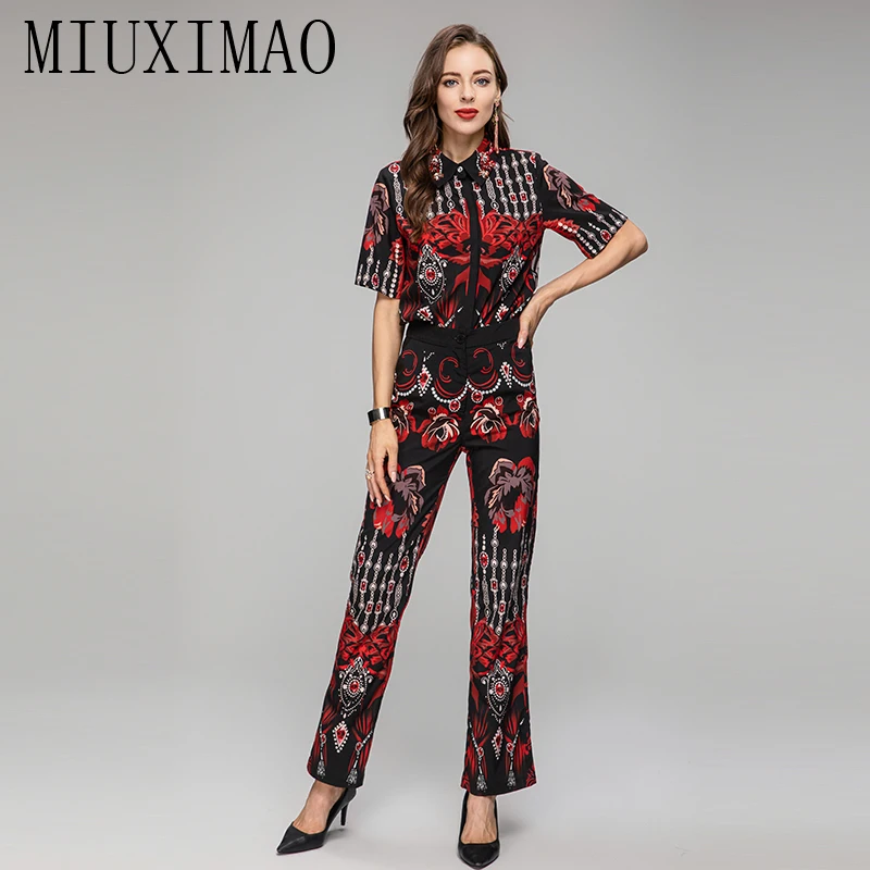 MIUXIMAO 2023 autunno Dress Diamond collar elegante Set manica corta con stampa floreale camicia + pantaloni moda due pezzi Set donna Vestides