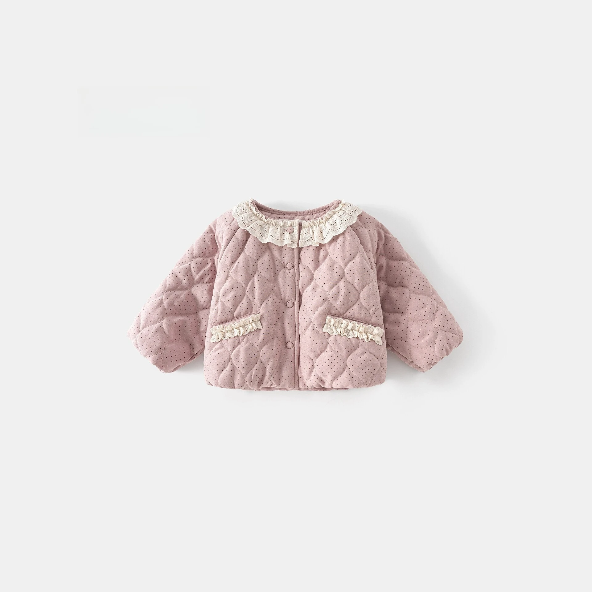 Girls Nice Parkas 2026 Autumn Winter New Kids Quilted Pink Polka Dot Lace O-neck Single Breast Coat