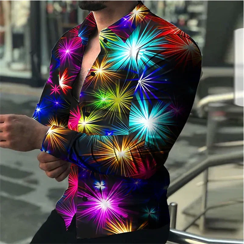 2024 Spring/Summer New Men\'s Shirt Fireworks Bloom Design Fashionable Luxury Party Popular HD Pattern Men\'s Long sleeved Shirts