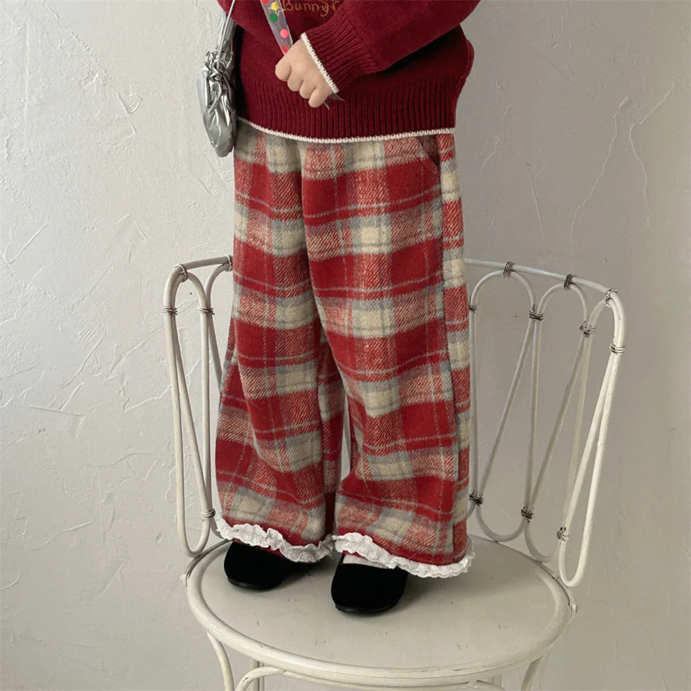 

2024 Winter Korean Childrens Girl Plaid Pants Thick Loose Warm Lace Hem Baby Girls Straight Long Pants Toddler Girl Pants