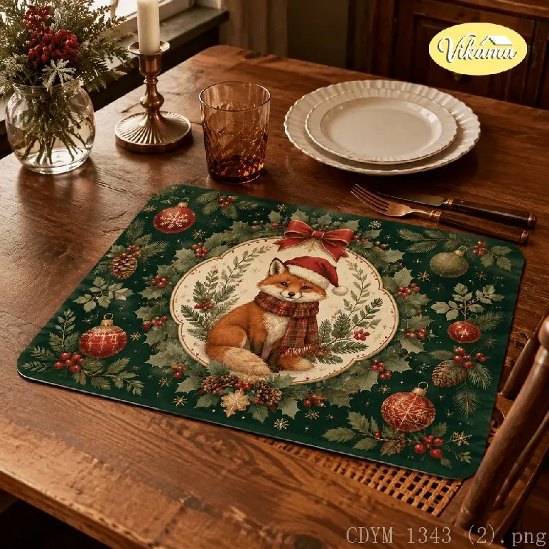 VIKAMA Christmas Fox Placemat Winter Scene Snowflake Table Mat Dining Kitchen Holiday Home Decor Aesthetic Art Large Premium