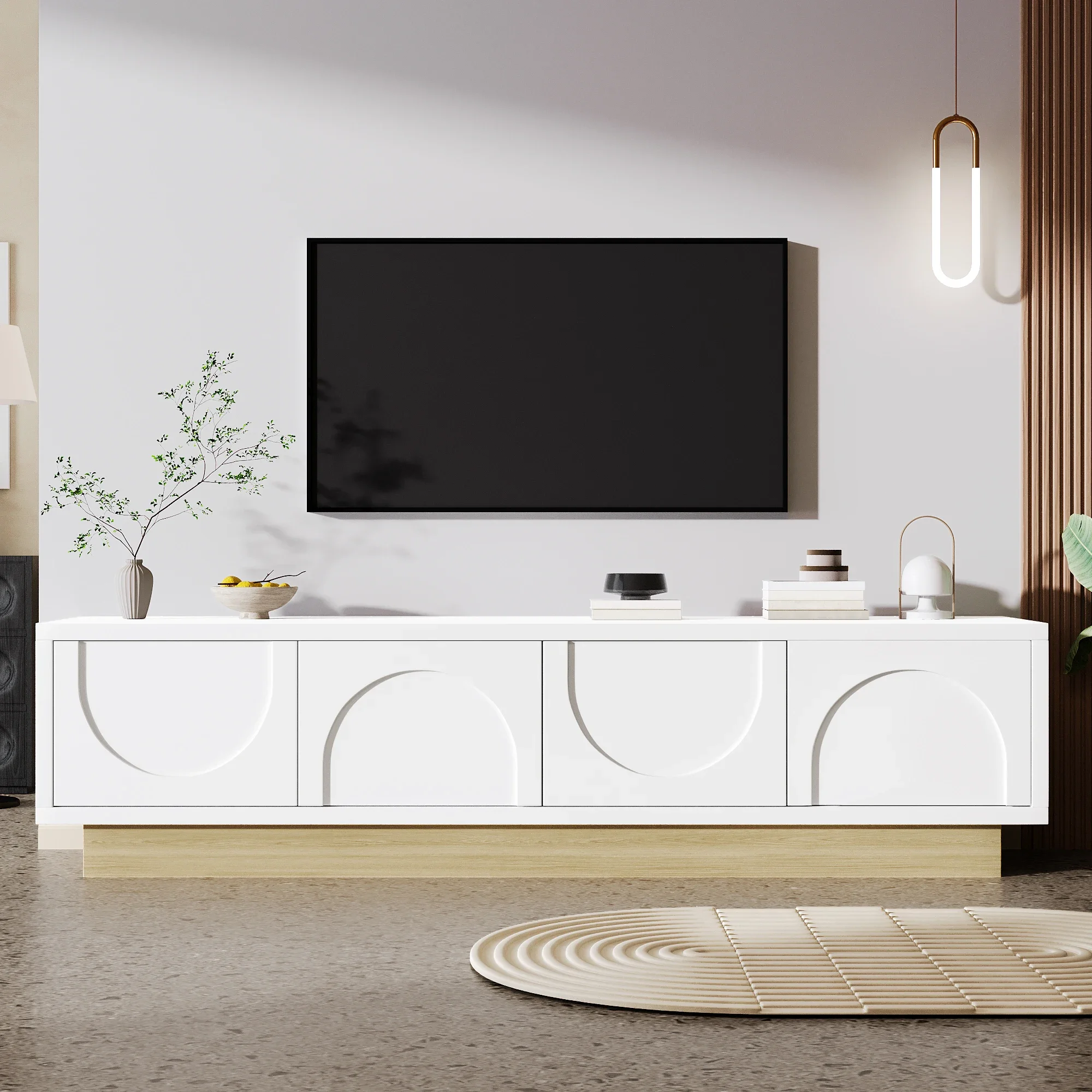 Meuble TV blanc moderne avec base en bois, portes incurvées, 4 portes, 2 étagères, rangement dissimulé et gestion des câbles pour le salon