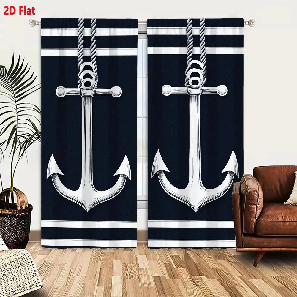 2Pcs Curtains 2D Flat Symmetrical Nautical Anchors On Dark Navy Background With Twisted Ropes And Striped Borders Window Drapes
