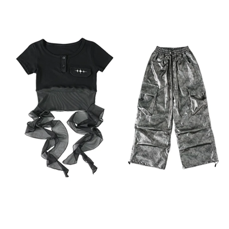 

Short Sleeves Top Silver Pants For Girls Jazz Dance Clothing Kids Hip Hop Dance Costume Stage Performance Street Wear DW10877