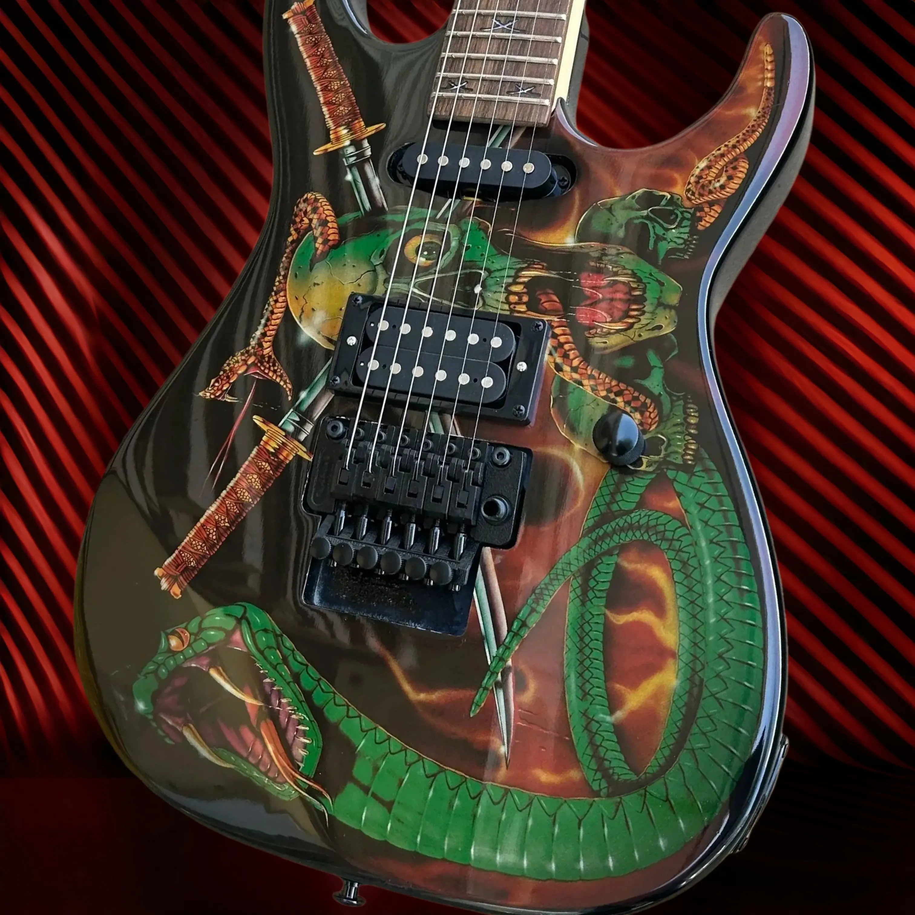 STR Snake Skull Graphic Super‑Strat Electric Guitar, SH Pickups, Double‑Lock Tremolo, Heavy‑Metal Performance Guitar Solid‑Body