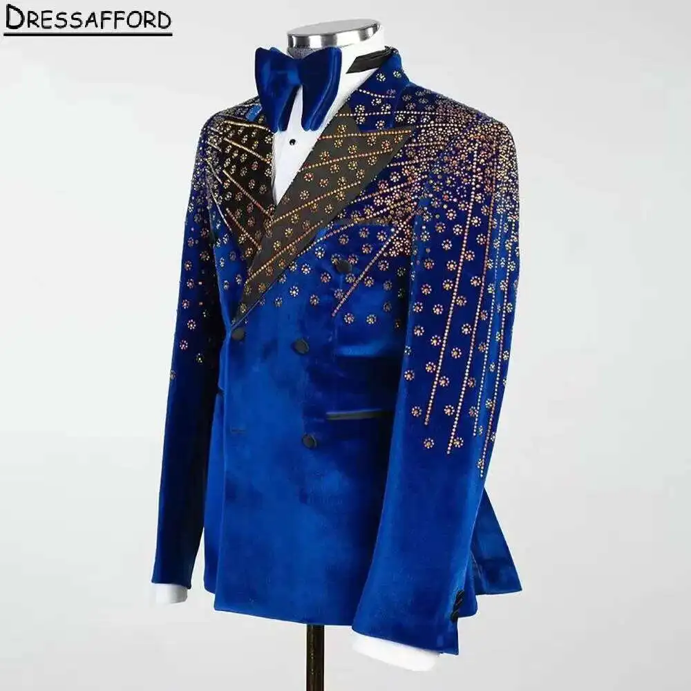 Royal Blue Two Pieces Men Suits Gold Beading Crystal Evening Party Blazer Groom Wear Jacket + Pants