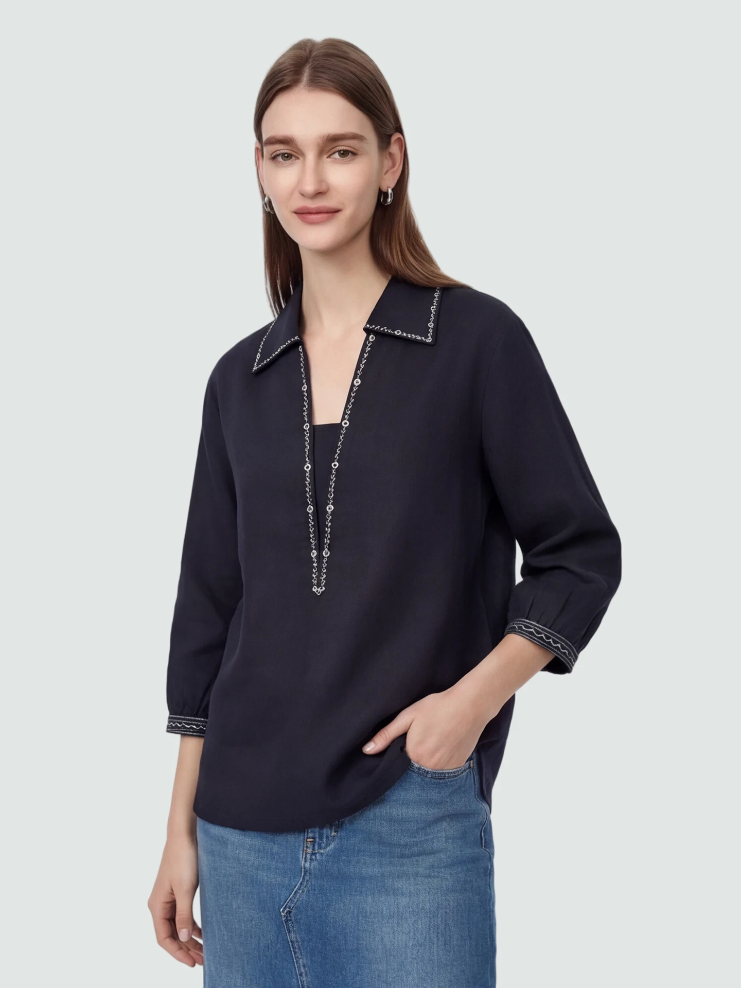 

SueM Embroidered Lace Trim V-Neck Mid-Sleeve Linen Shirt Women's Black Turn-down Collar Retro Shirt Spring Fashion Ladies' Pr...