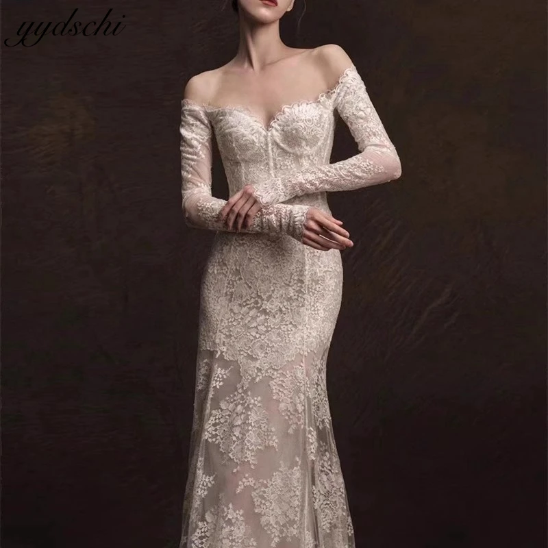 Appliques personalizzate al largo della spalla maniche lunghe in pizzo abiti da sposa vintage per donna 2025 abiti da sposa abiti da sposa