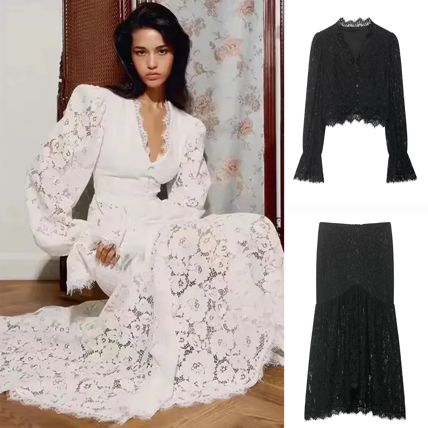 

Весенняя новинка: Женский кружевной комплект с длинным рукавом, V-образным вырезом, облегающей юбкой средней длины и ажурными вставками – модный ансамбль