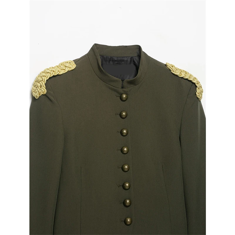 Guobioziy 2026 Fall Winter Womens Dark Olive Cropped Jacket Stand Collar Gold Braided Epaulet Long Sleeve Vintage Outerwear