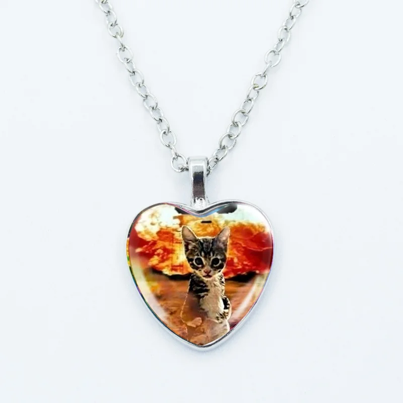 Kreative lustige Katzen-Memes-Herz-Anhänger-Halskette, Tierform, Kunstfoto, Glas-Cabochon-Schmuck, für Kinder und Frauen – Detail 12