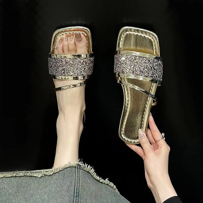 

Women's Solid Color Glitter Slides, Slip On Lightweight Sequins Decor Slides, Summer Flat Beach Slides