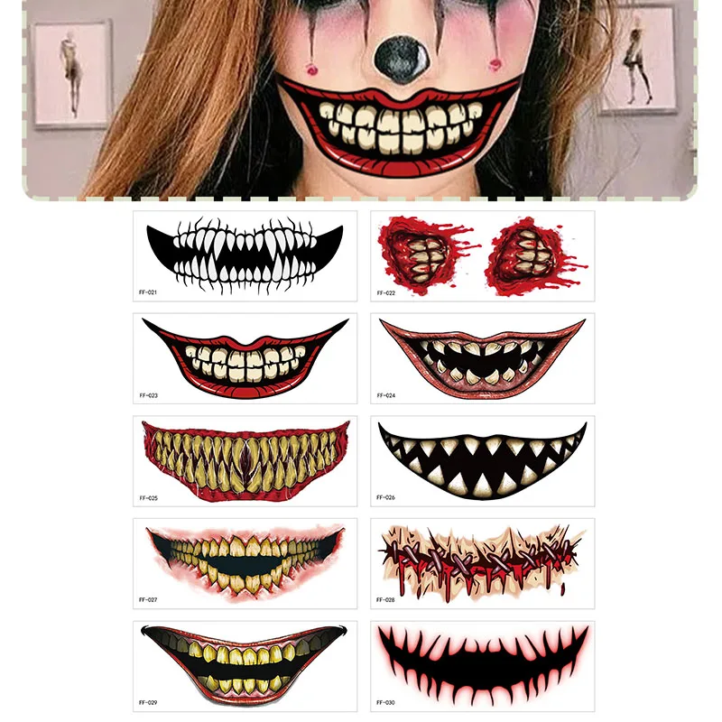 Day of the Dead Face Stickers Halloween Horror Big Mouth Tattoo Temporary Waterproof Devil Mask Party Makeup Art Tattoos Decals