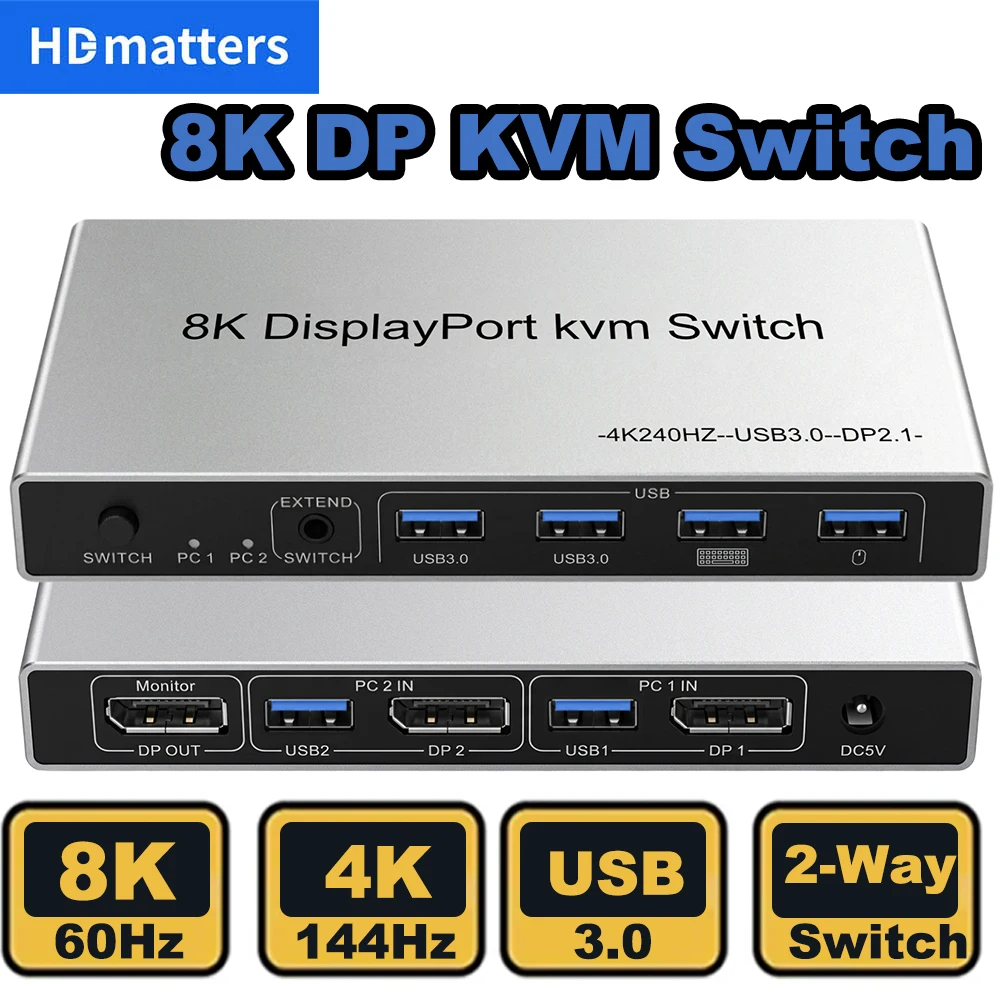 8K Displayport KVM Switch 4K@144Hz 2-Port USB KVM 8K Displayport 1.4 Switch KVM DP Switch Mouse&Keyboard Supported