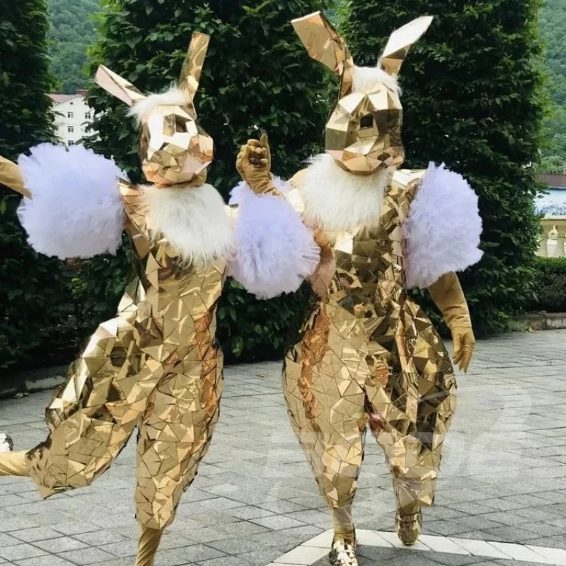 Gold Mirror Rabbit Costume Party Nightclub Bar Suit Robot Stage Performance Cosplay Animal Headwear Clothing Cosplay Suit