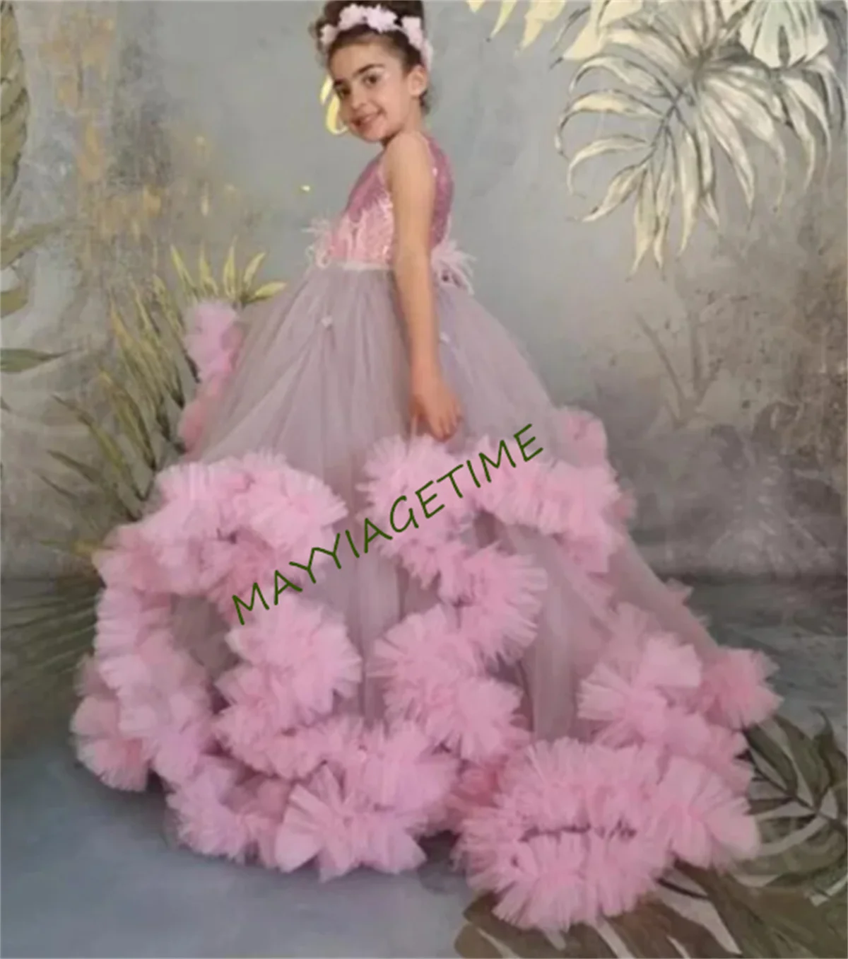 Doce princesa rosa a linha vestido da menina de flor até o chão tule babados vestido de festa de aniversário para crianças