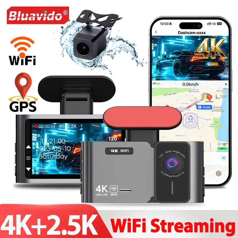 

Передняя и задняя двойная видеорегистратор 4K UHD 2,5K с управлением через приложение Wi-Fi, поддержка GPS, датчик ночного видения, парковочный монитор, циклическая запись