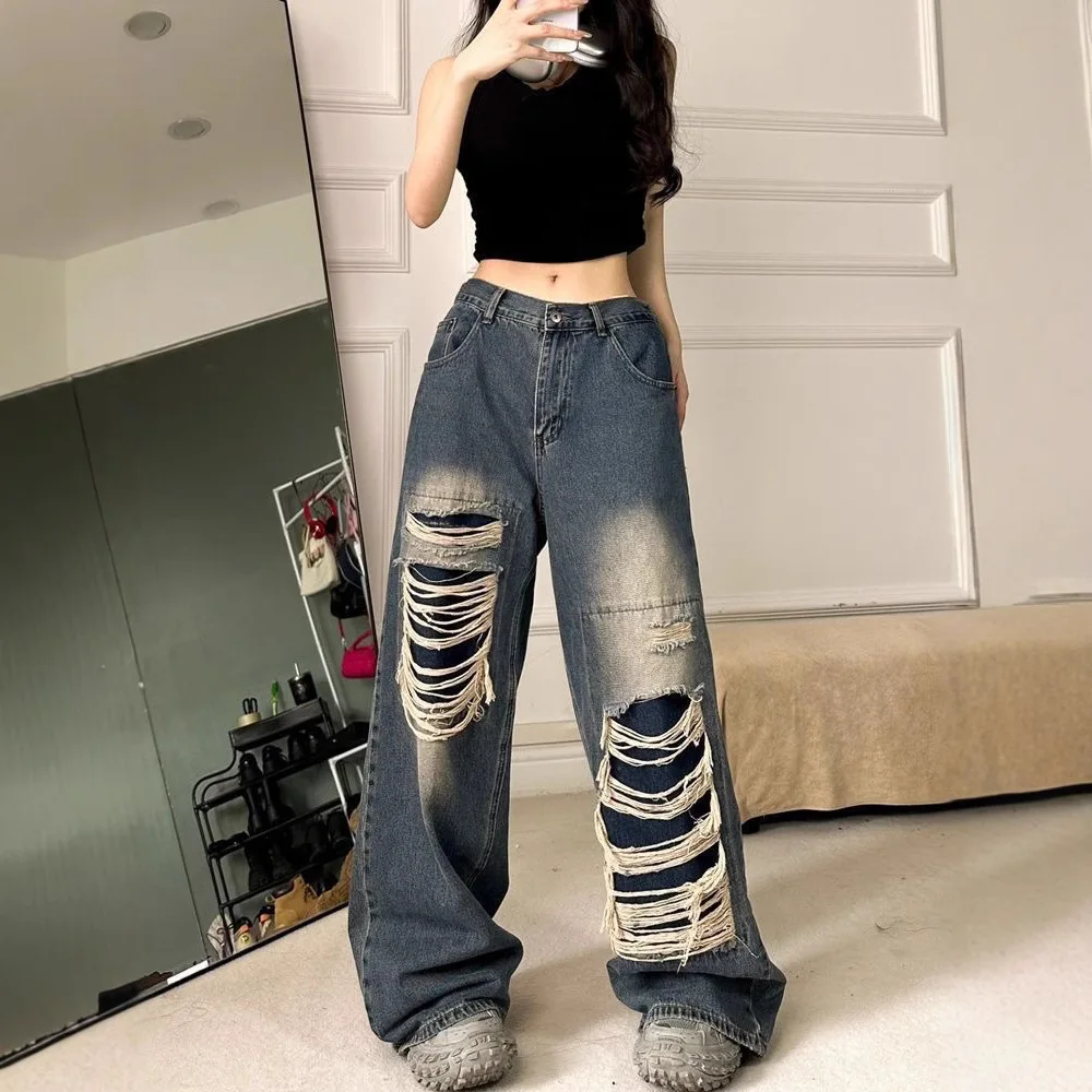 

Ripped Flared High Stretchy Jeans Streetwear Straight Ripped Pants Loose Wide Leg Pants Jeans Summer Street Wide Leg Retro Jean