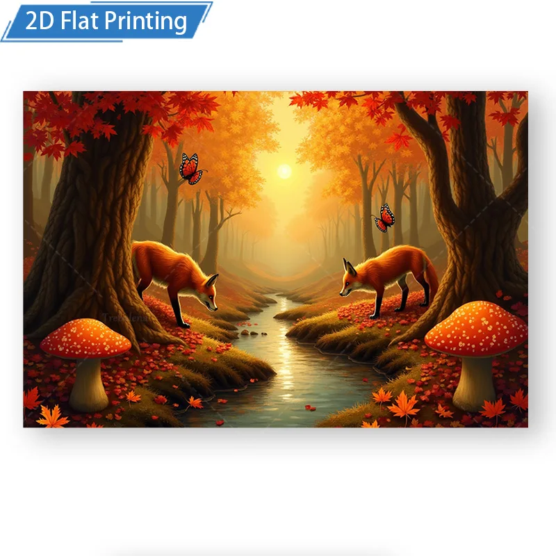 قطعة واحدة من نسيج الجدار لثعالب غابة الخريف - مشهد الطبيعة مع الفطر والفراشات