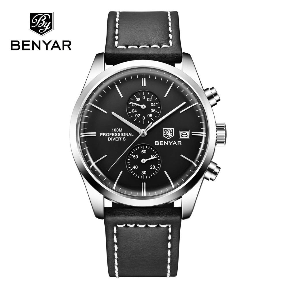 BENYAR 2023 New Men\'s Quartz Watches Top Brand Luxury Business Watch Men Chronograph Leather leather Luminous Waterproof Clock