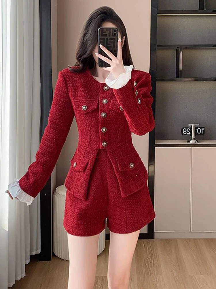 Autumn Winter Clothes Tweed Two Piece Pant Set Women High Street Luxury Fashion Jacket Coat + Short 2 Piece Sets Women Outfit