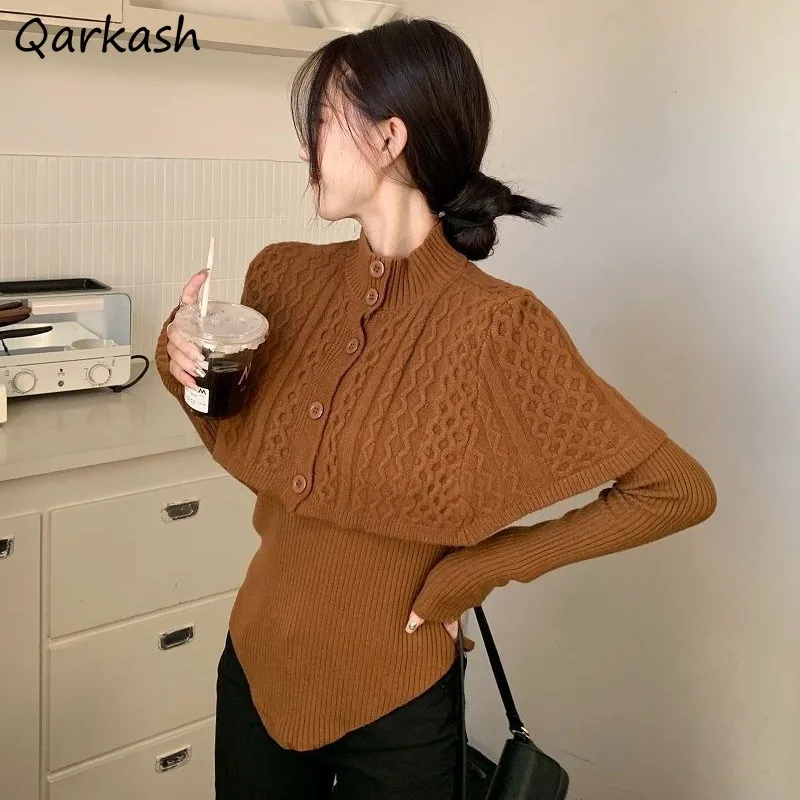 

Autumn Winter Pullovers Women Knitted Cape Sets Vintage Slim Chic All-match Design Long Sleeve Mock Neck Irregular Female Street