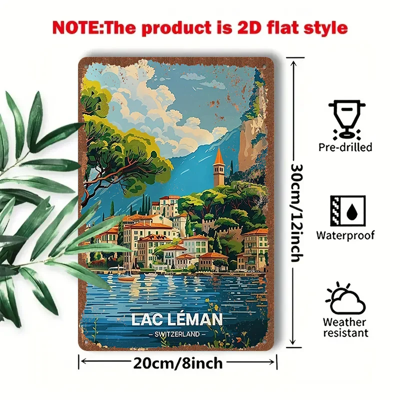 2D plat - 1 pièce, panneau métallique 2D [plat] représentant un paysage de la ville de Genève, au bord du lac, 8 x 12 pouces/20 x 30 cm, illustrant la tranquillité et la beauté.