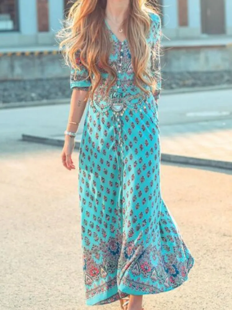 

Boho Print Dress Lady Fashion Vintage V Neck Three Quarter Pullover Dresses For Women Elegant Holiday Beach Womens Clothing New