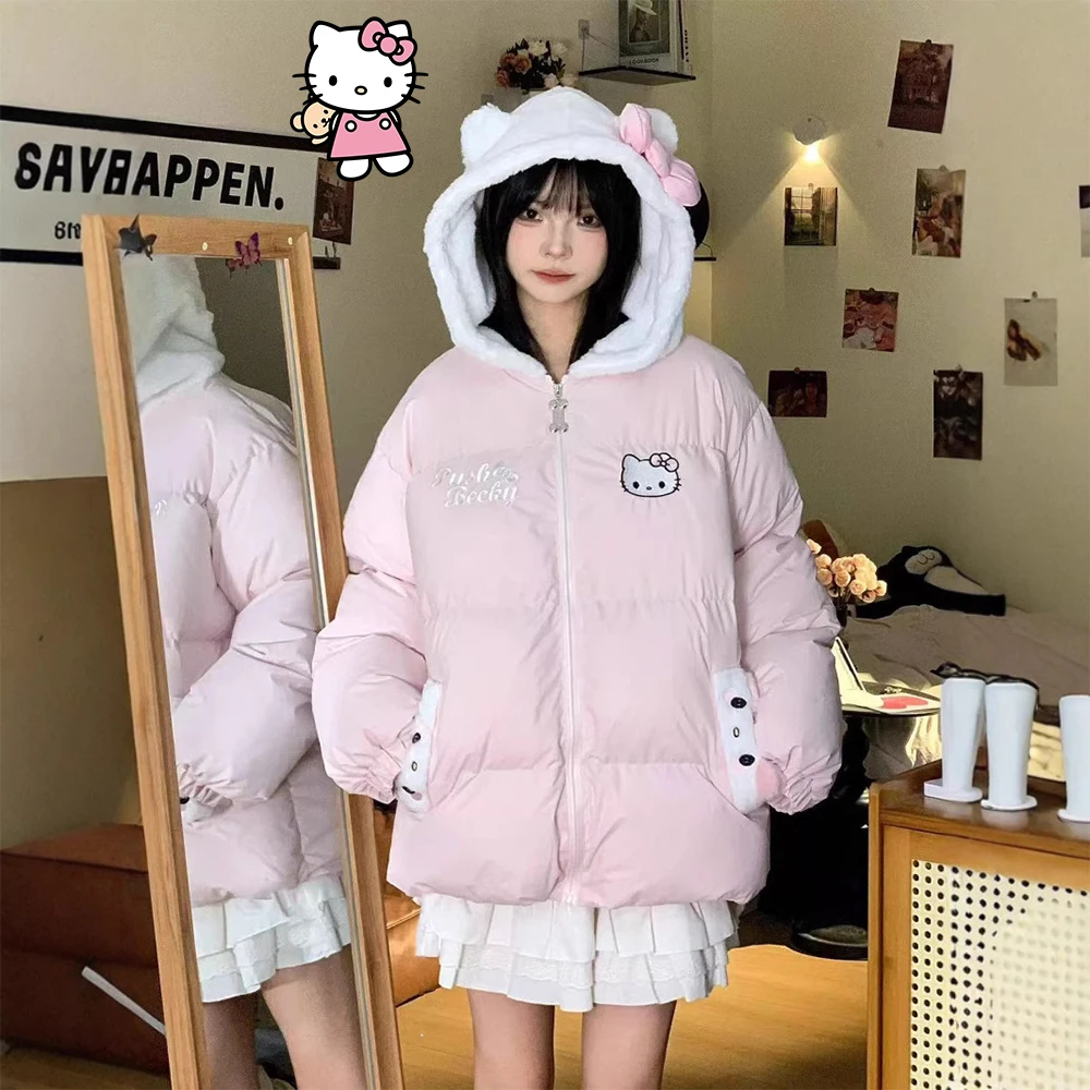 

Пуховик в стиле аниме «Hello Kitty», пальто с вышивкой, зимняя утепленная хлопковая одежда с героями мультфильмов, куртка с капюшоном, свободные теплые милые топы для девочек
